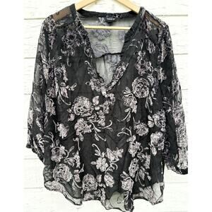 Torrid Floral Top Velvet Burnout 2 2X Whimsygoth Fairy Goth Black Sheer Witchy